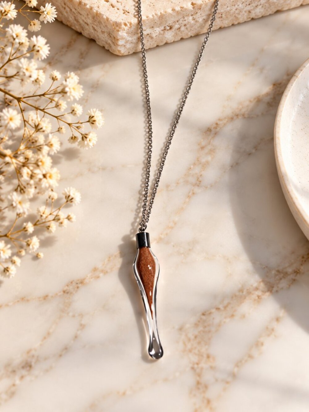 Unique Glass Sand Pendant Necklace Silver Tone Long Chain